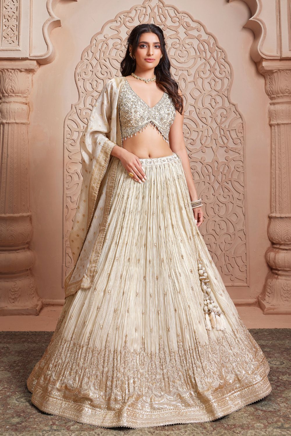 Cream Chinon Sequinned Flared Lehenga