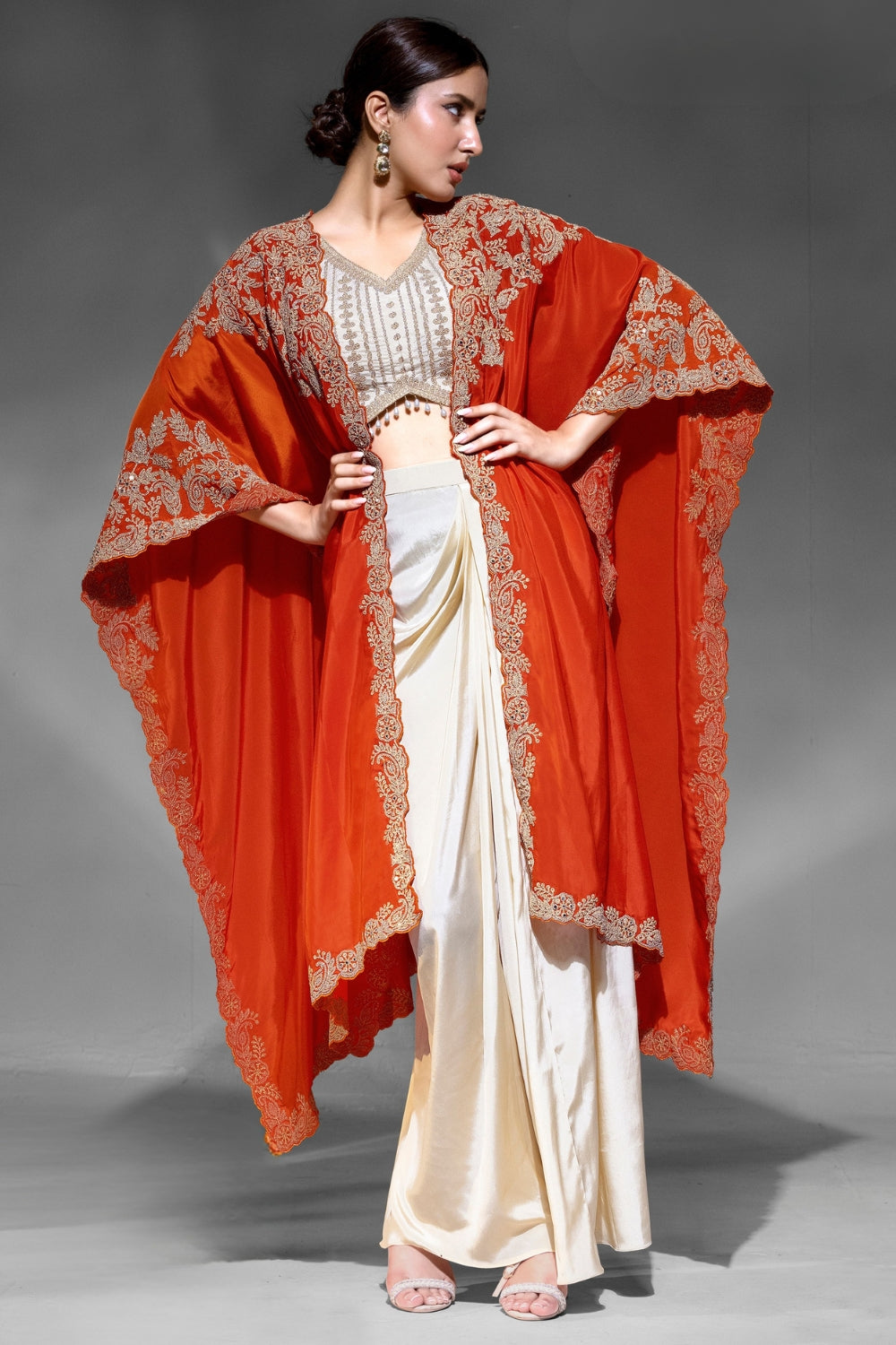 Cream Crepe Silk Indo Western with Sequins and Mirror Work