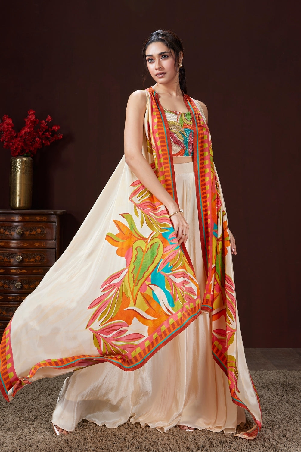 Cream Crepe Silk Palazzo Suit with Cutdana and Sequins