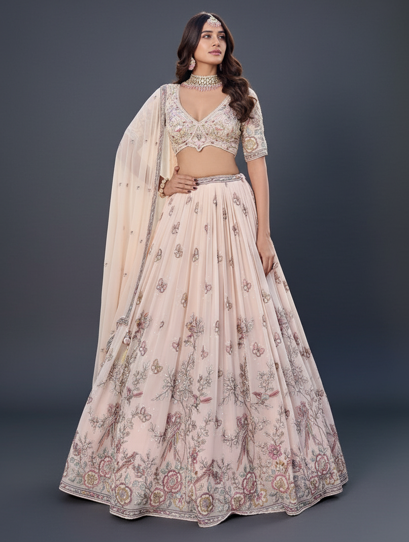 Cream Georgette Lehenga Set with Cutdana and Sequins Work
