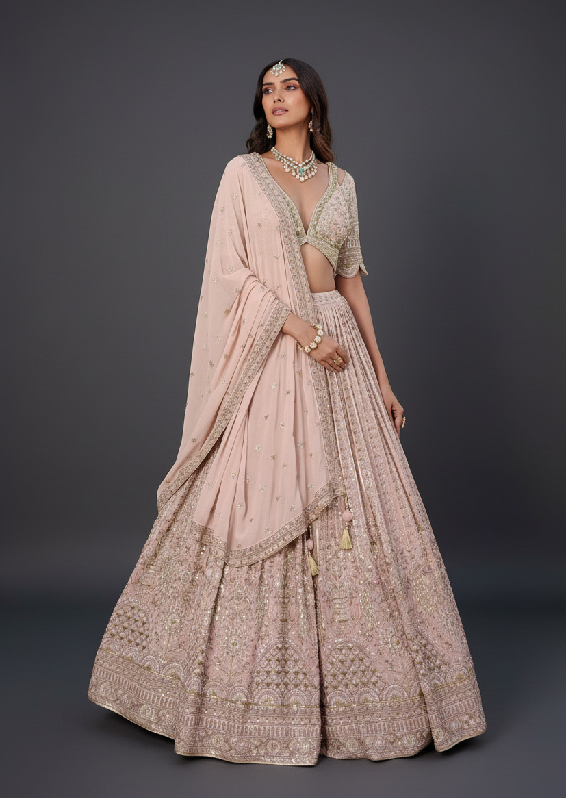 Cream Georgette Lehenga Set with Sequins and Zardosi Work