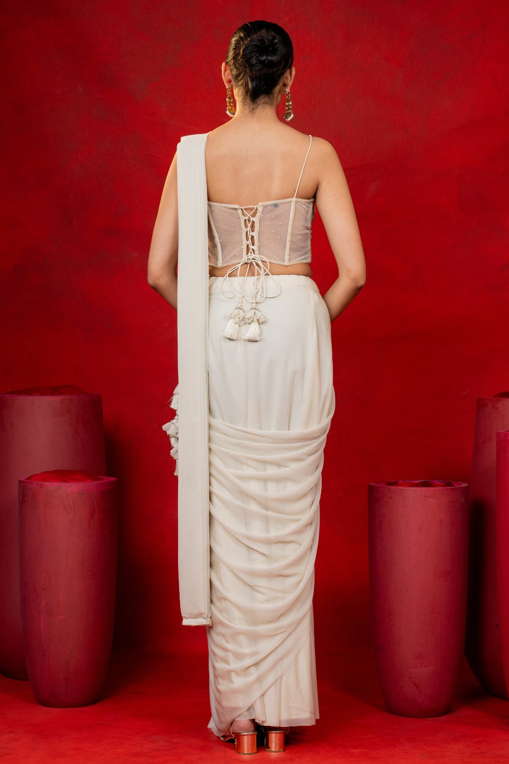 Cream Georgette Pre-Draped Saree with Sequins and Zardosi Work