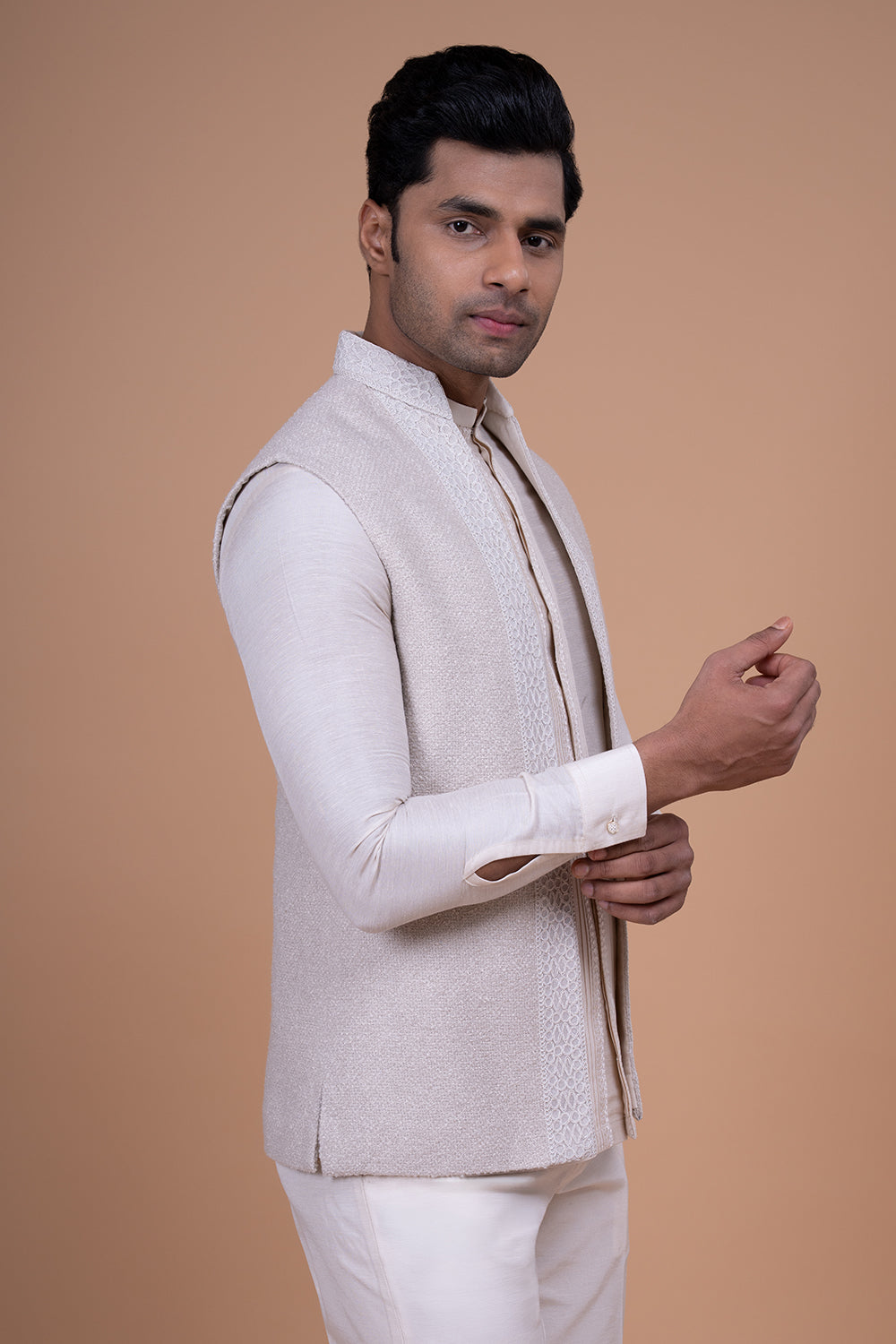 Cream Open-Front Silk Jacket with Floral Appliqué and Mustard Printed Kurta