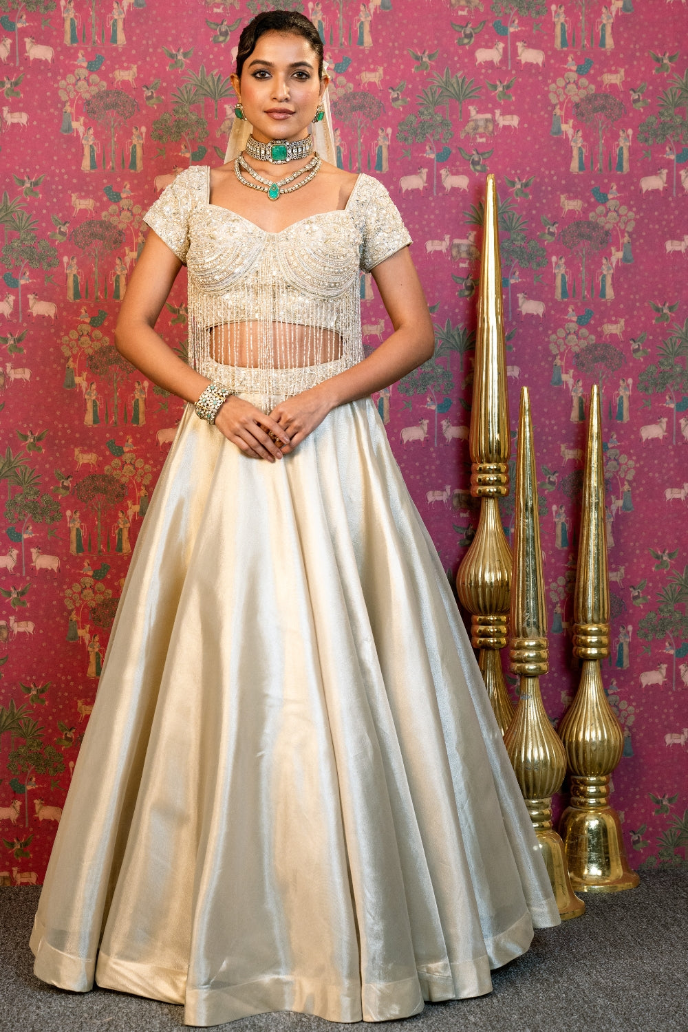 Cream Organza Lehenga Set with Moti and Cutdana Work