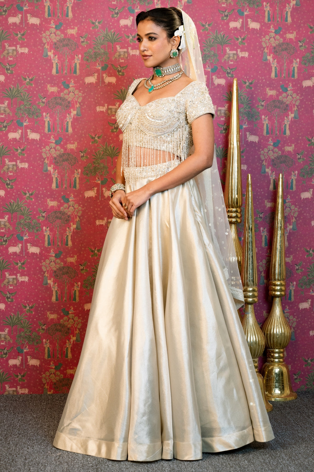 Cream Organza Lehenga Set with Moti and Cutdana Work