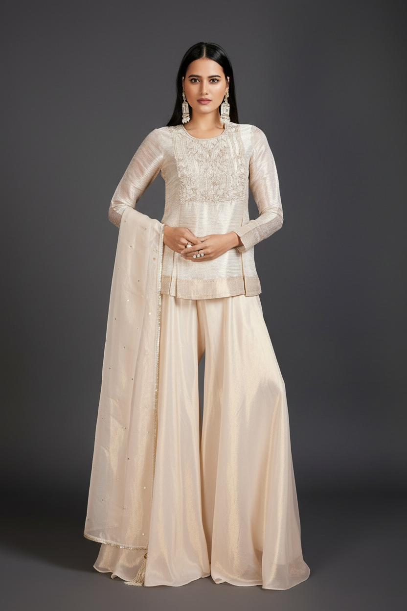 Cream Organza Tissue Palazzo Suit With Cutdana Work