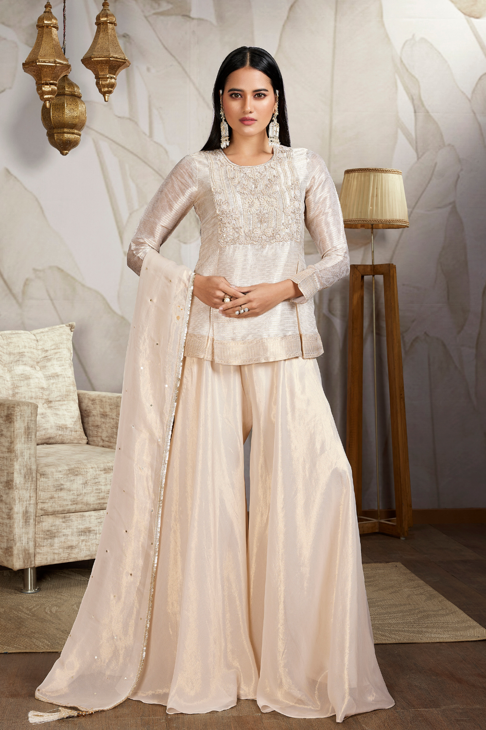 Cream Organza Tissue Palazzo Suit With Cutdana Work