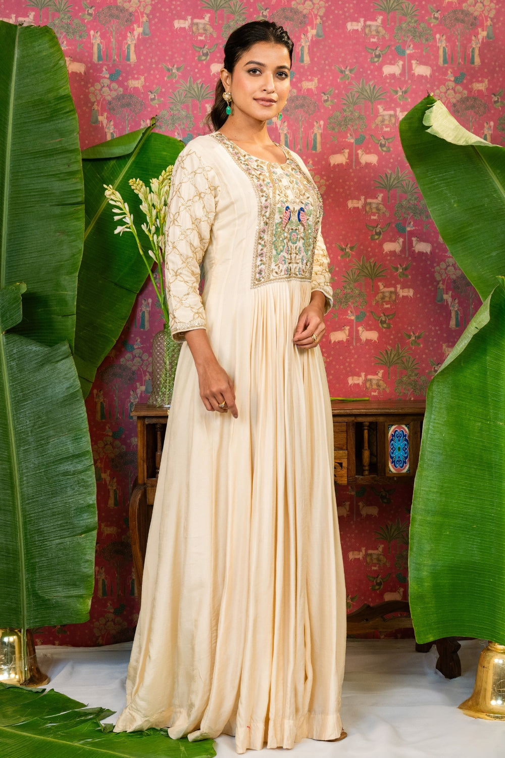 Cream Silk Anarkali with Zardosi and Resham Embroidery