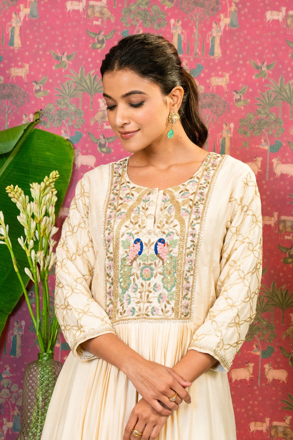 Cream Silk Anarkali with Zardosi and Resham Embroidery