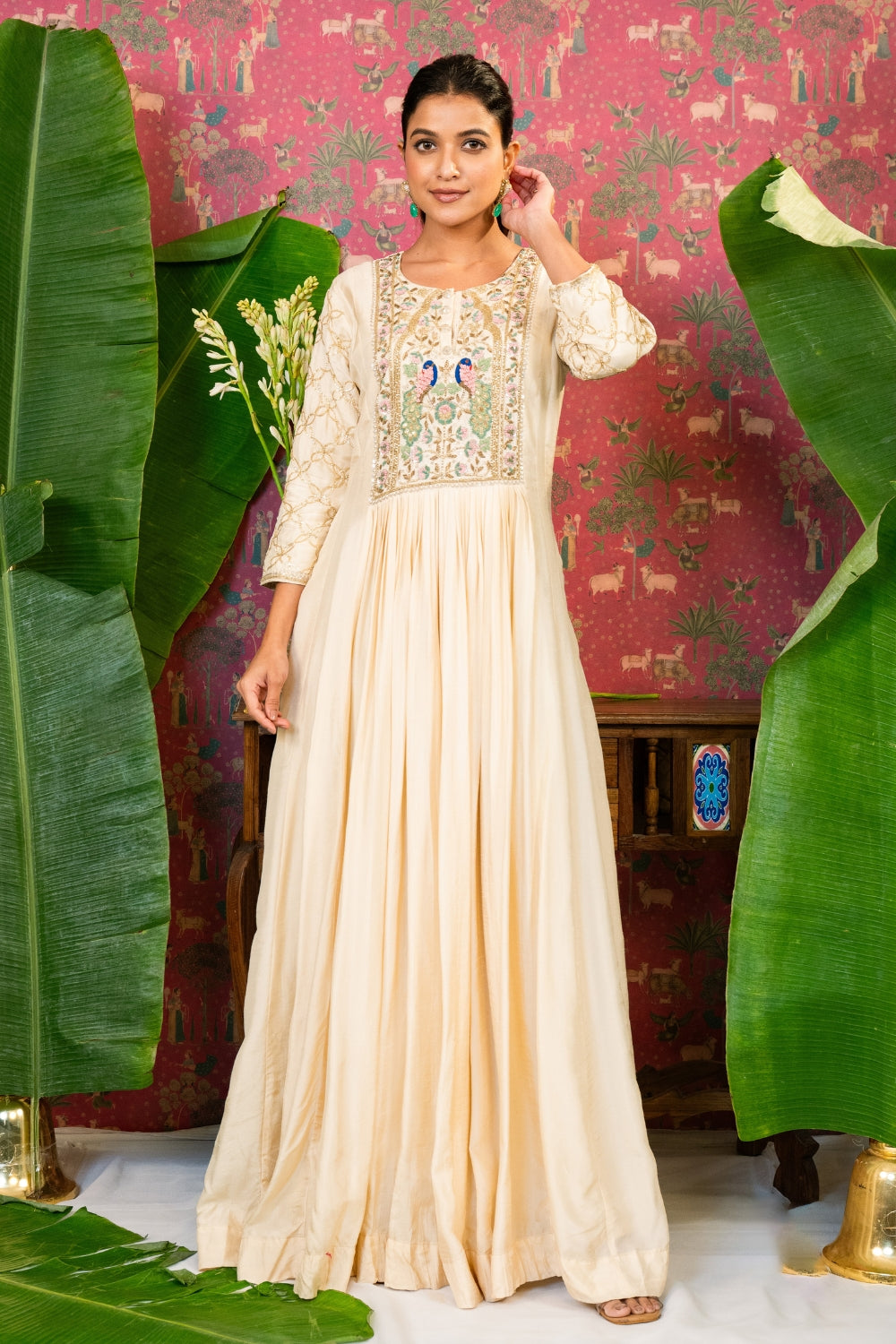 Cream Silk Anarkali with Zardosi and Resham Embroidery