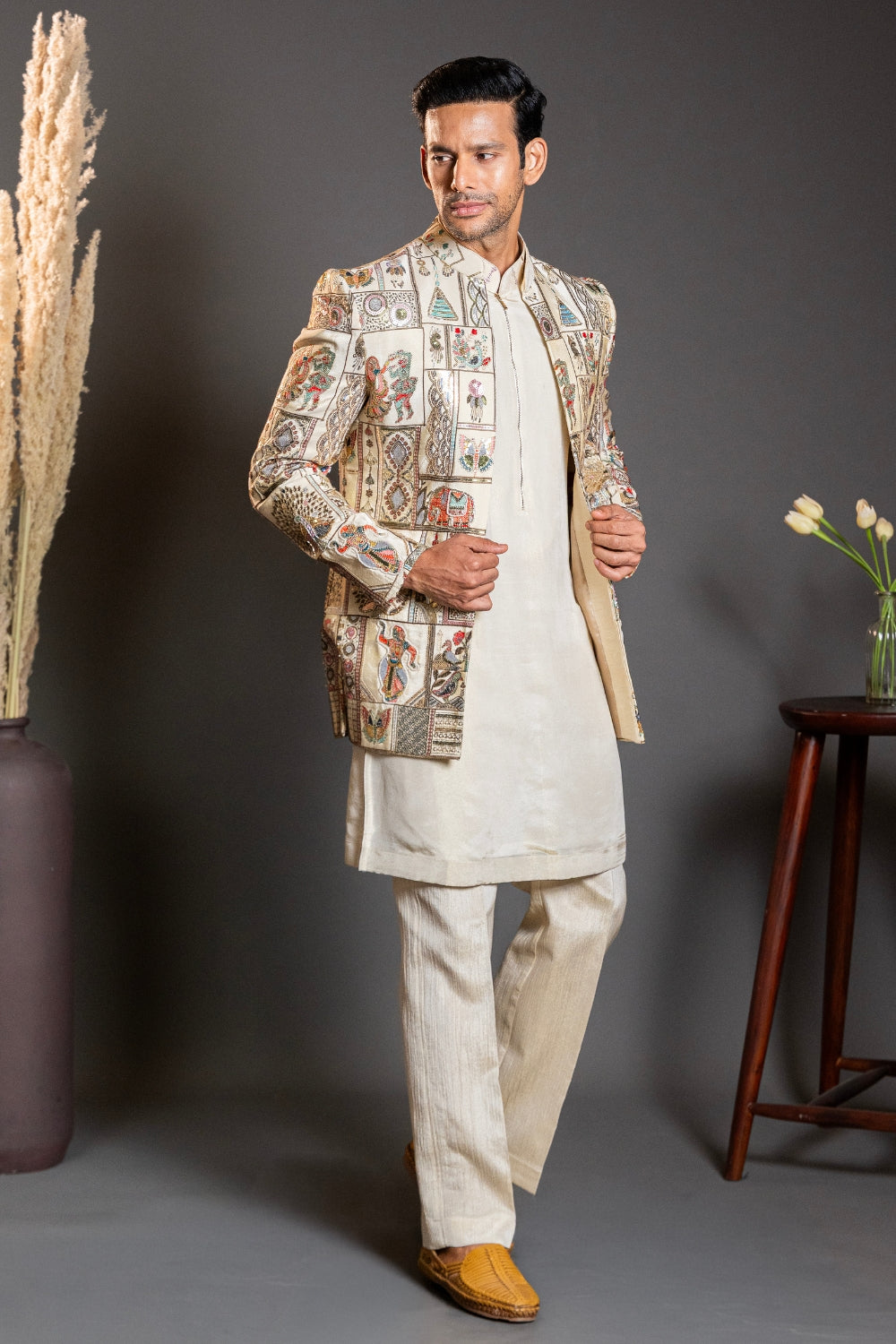 Cream Silk Indo Western with Sequins and Cutdana Work
