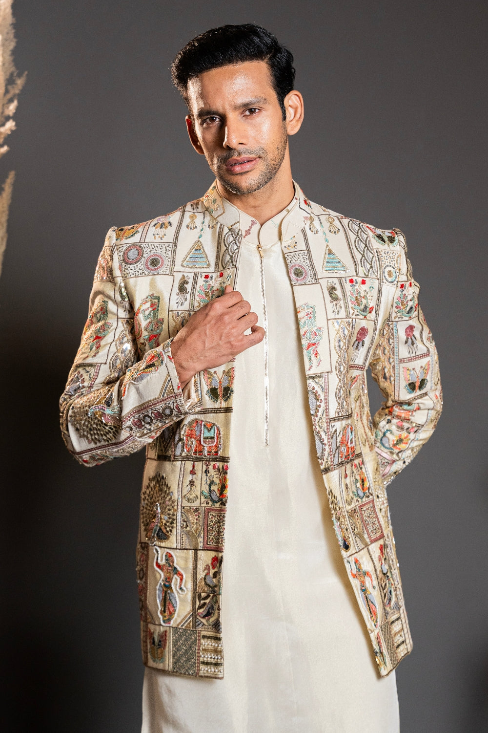 Cream Silk Indo Western with Sequins and Cutdana Work