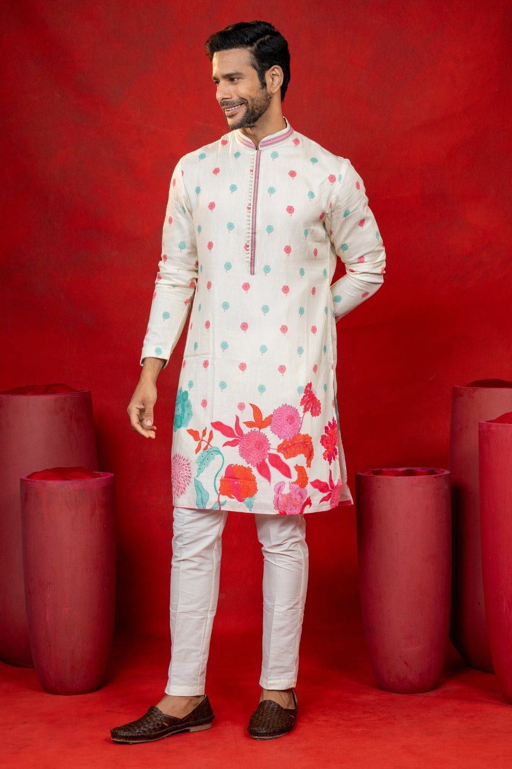 Cream Silk Printed Kurta Set with Cutdana and Stone Work