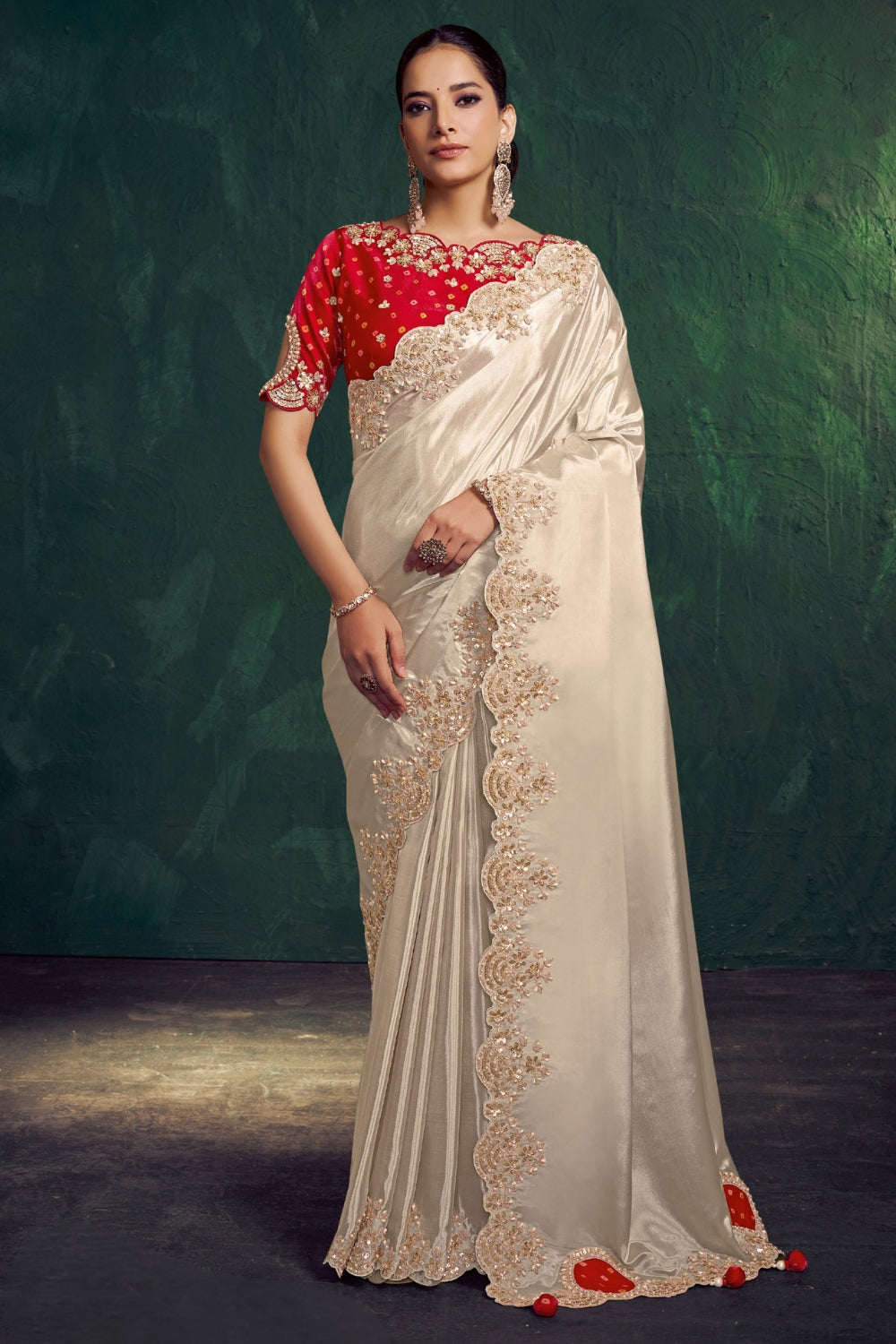 Cream Silk Saree with Beads and Sequins Work
