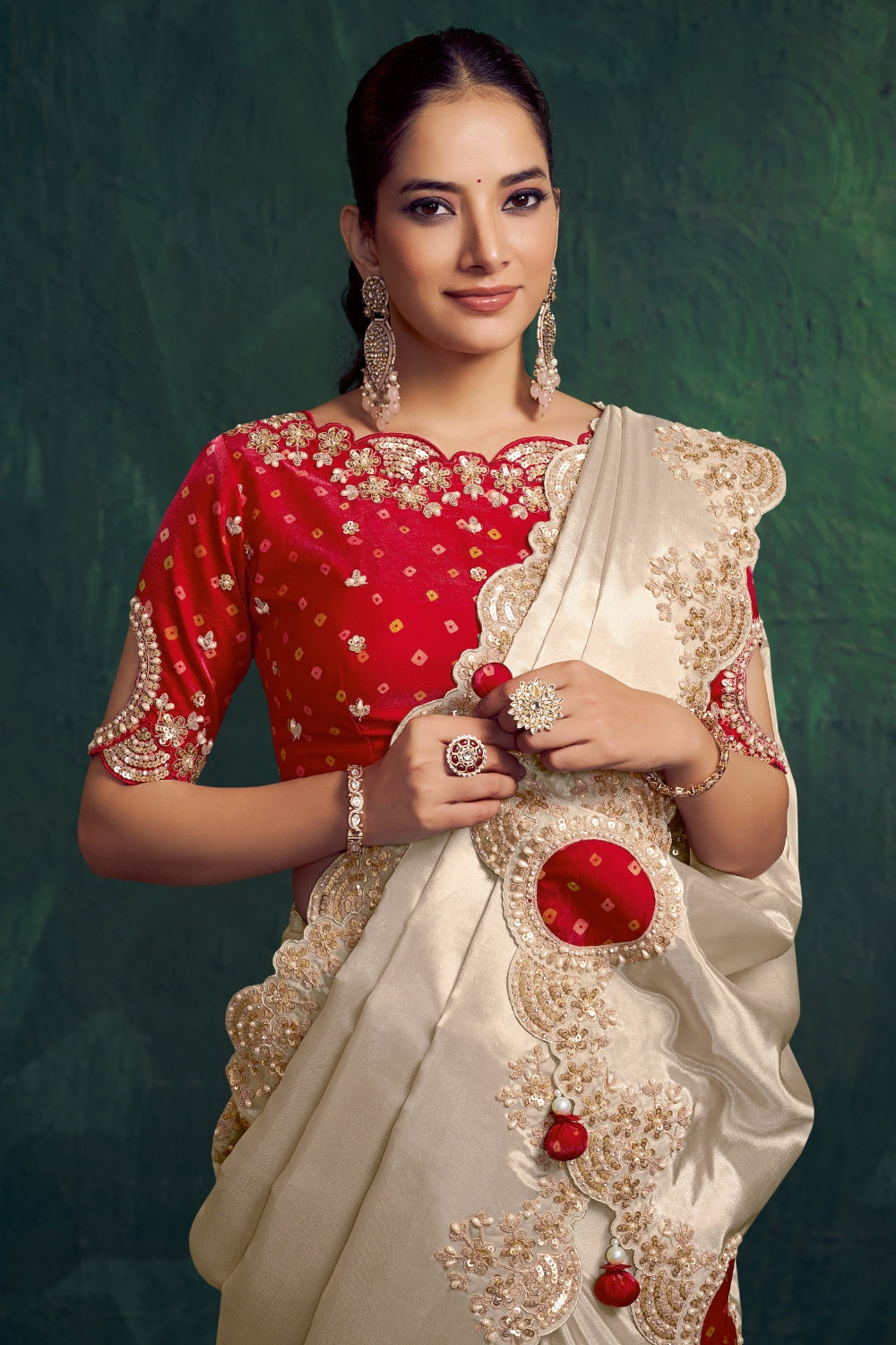 Cream Silk Saree with Beads and Sequins Work