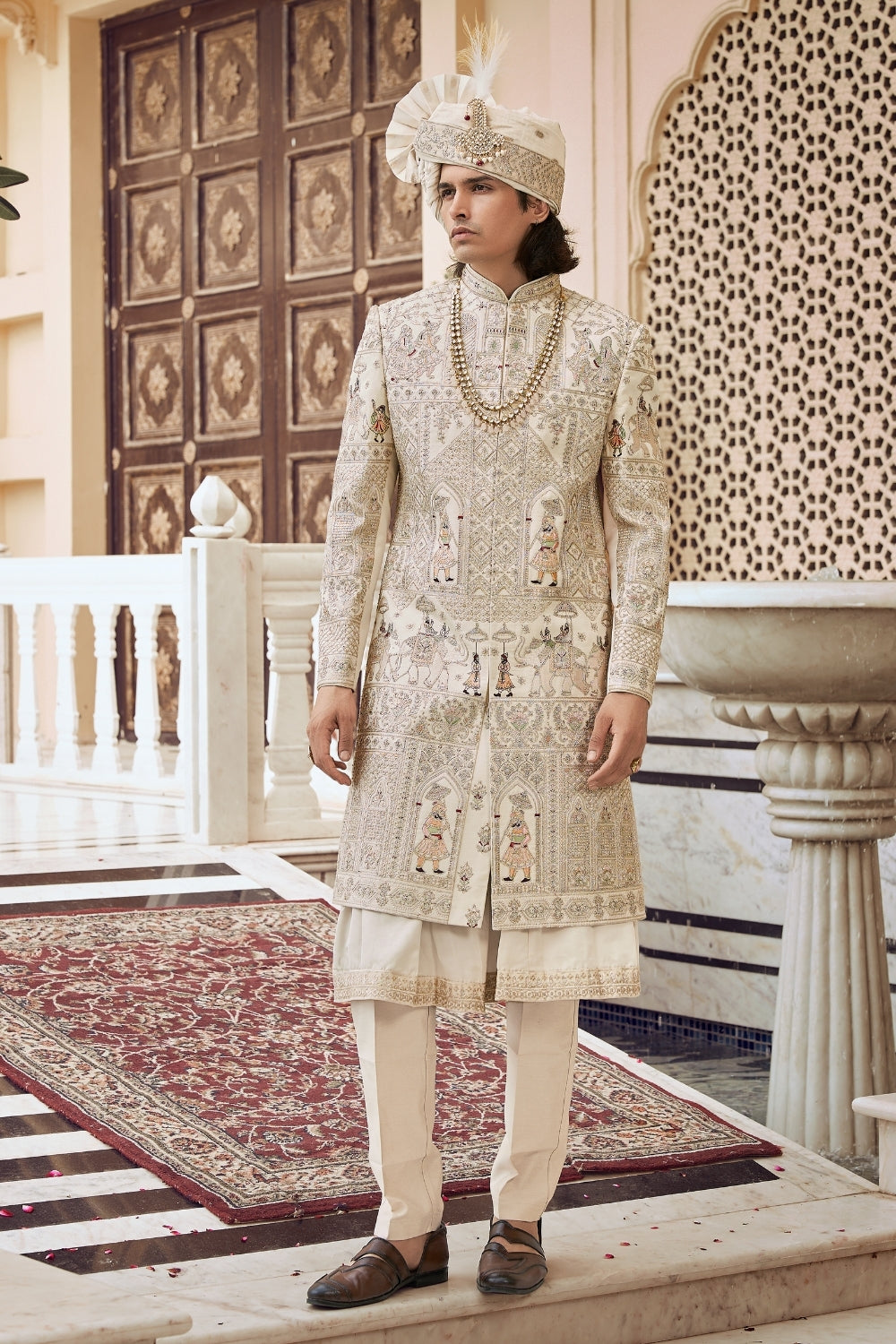 Cream Silk Sherwani with Moti and Resham Embroidery