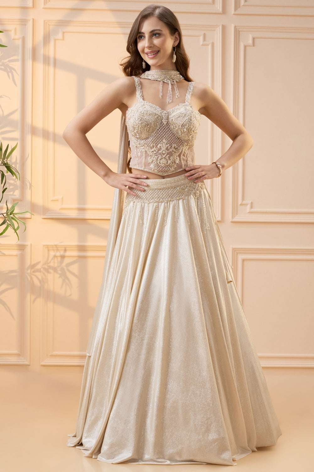 Cream Simmar Lehenga Set with Cutdana and Moti Work