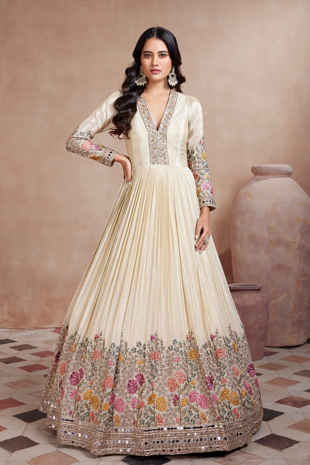 Cream Tissue Anarkali Suit With Mirror Work And Resham Embroidered
