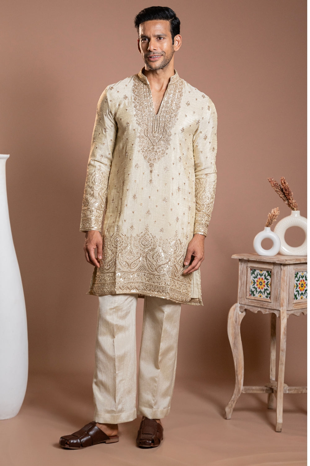 Cream Tissue Kurta set with Sequins and Thread Work