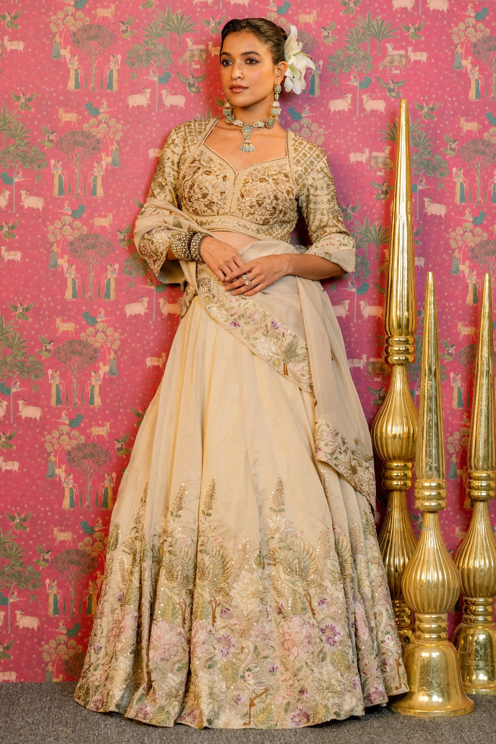 Cream Tissue Lehenga Choli Set with Cutdana and Resham Embroidery