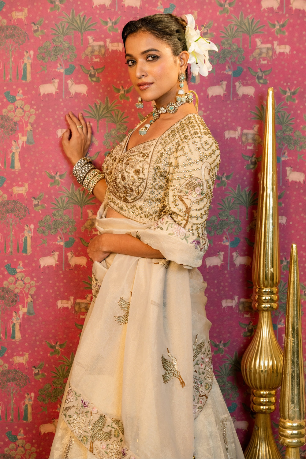 Cream Tissue Lehenga Choli Set with Cutdana and Resham Embroidery