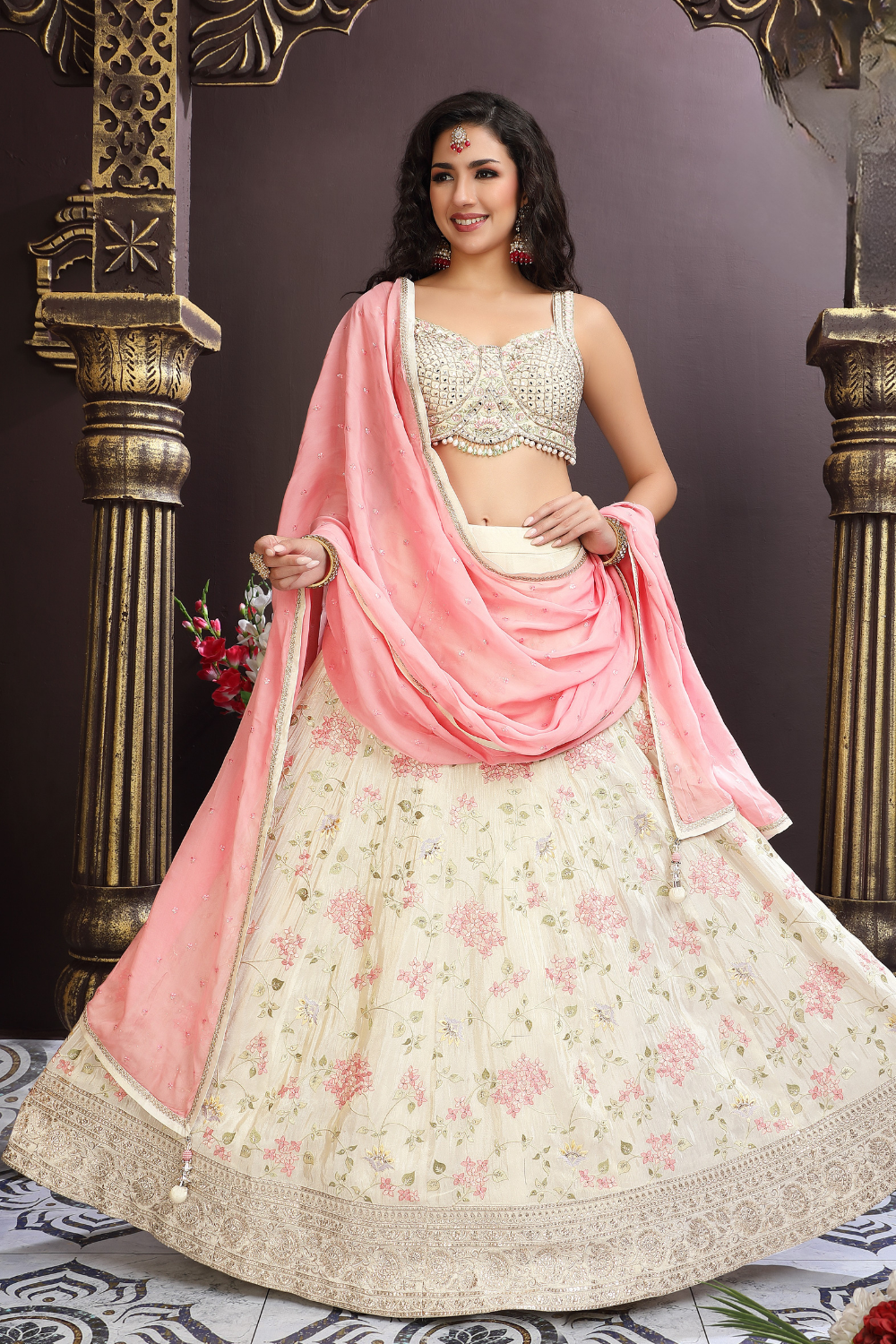 Cream Tissue Lehenga Choli with Sequins and Resham Work