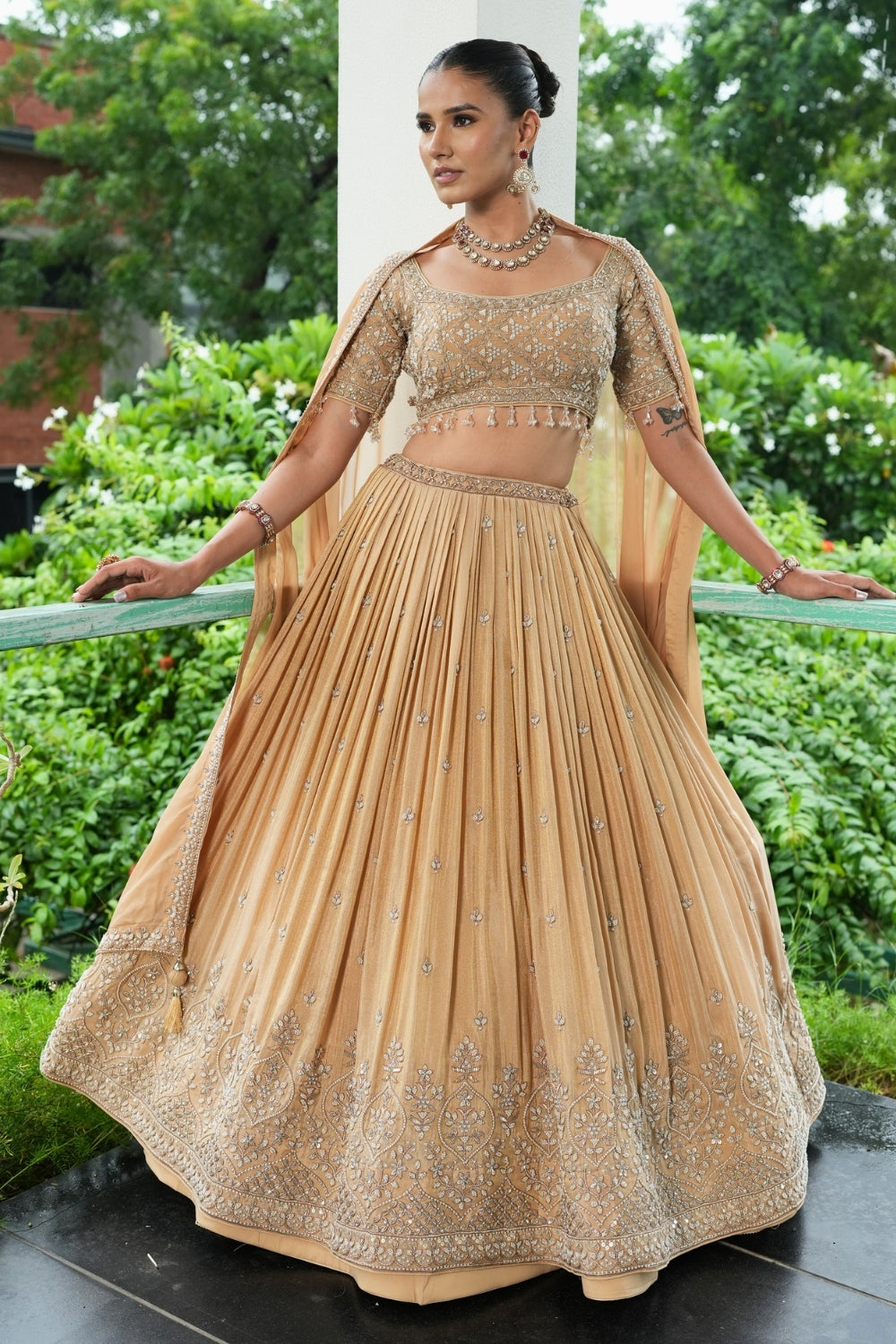 Cream Tissue Lehenga Set With Zardosi and Moti Work