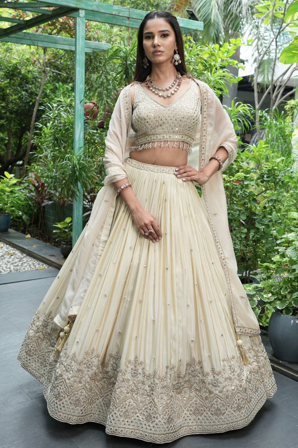 Beige Tissue Lehenga Set with Cutdana and Mirror Work