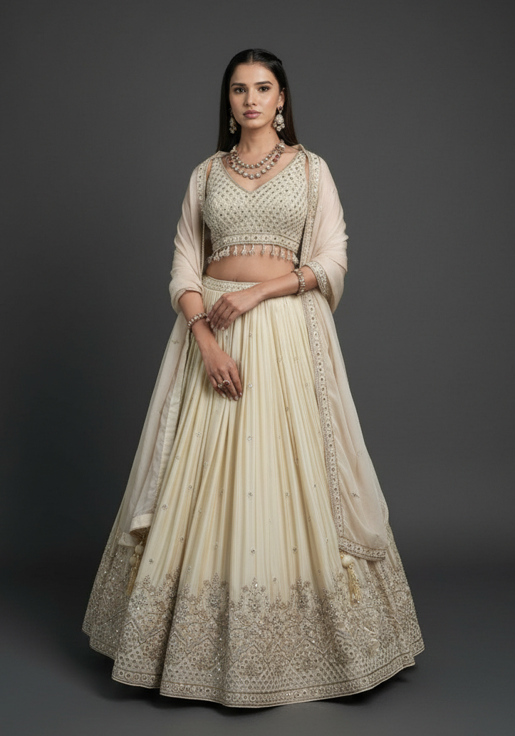 Beige Tissue Lehenga Set with Cutdana and Mirror Work
