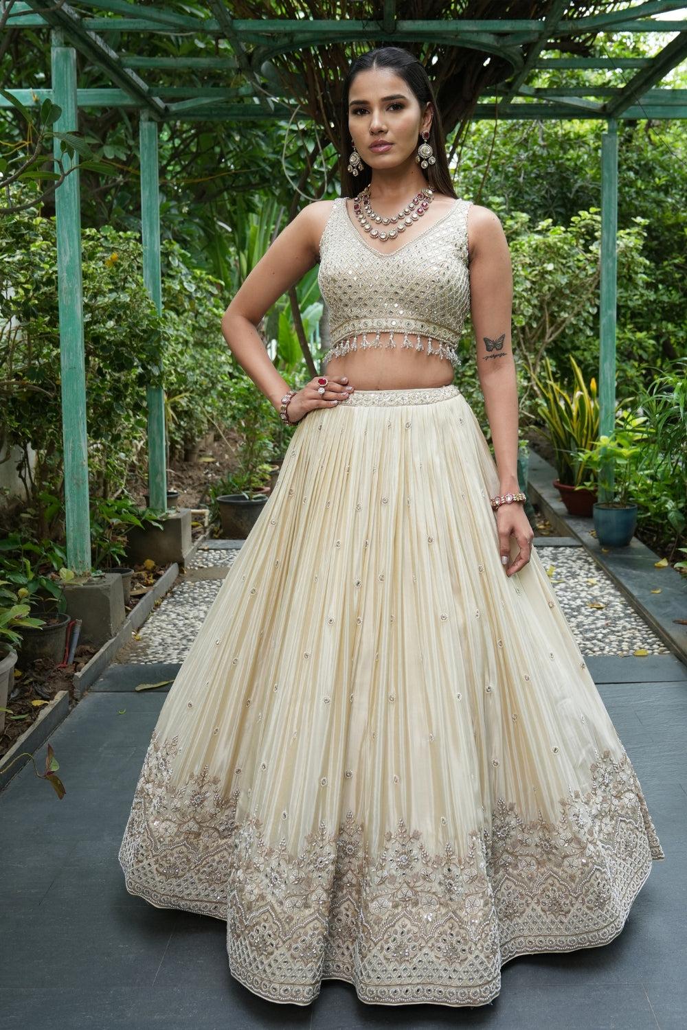 Beige Tissue Lehenga Set with Cutdana and Mirror Work