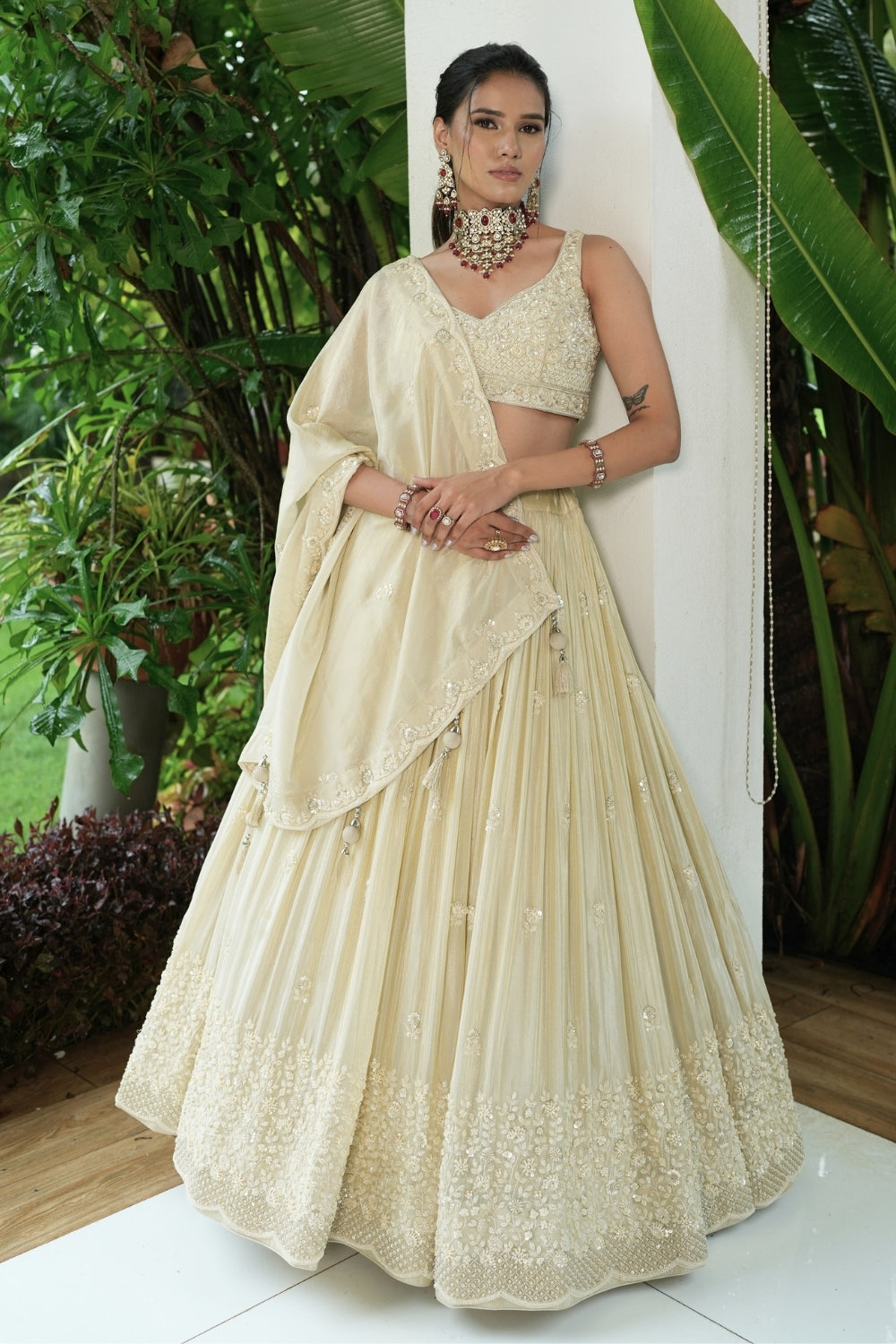 Cream Tissue Lehenga Set with Cutdana and Moti Work