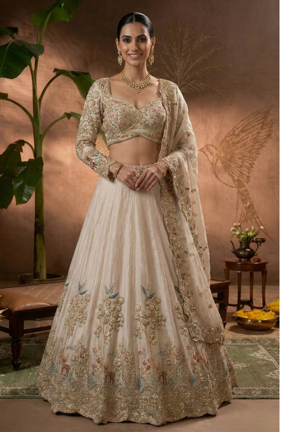 Cream Tissue Lehenga Set with Cutdana and Moti Work