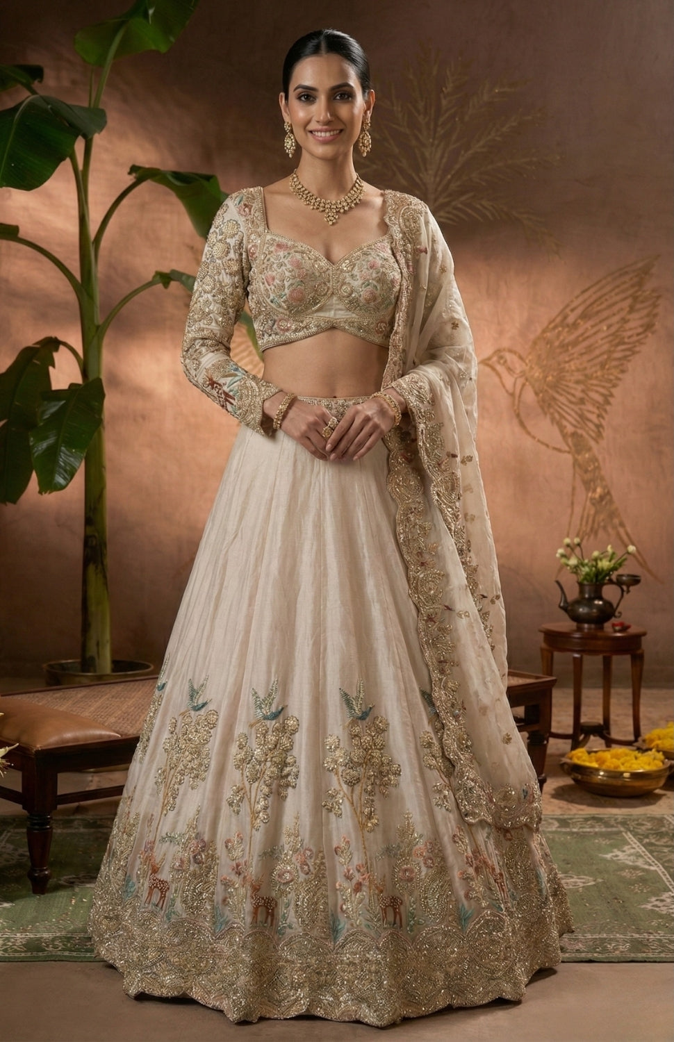 Cream Tissue Lehenga Set with Cutdana and Moti Work