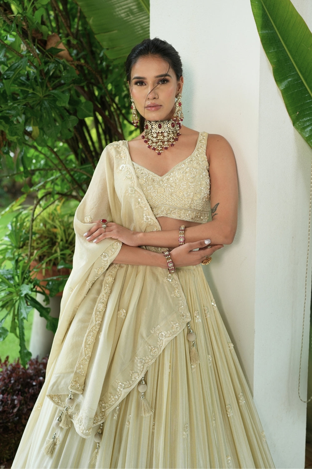 Cream Tissue Lehenga Set with Cutdana and Moti Work