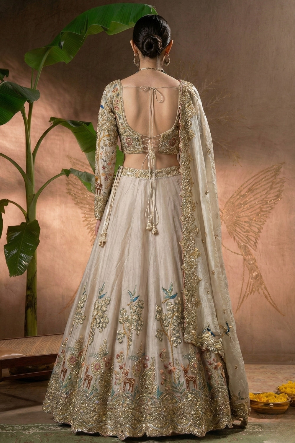 Cream Tissue Lehenga Set with Cutdana and Moti Work