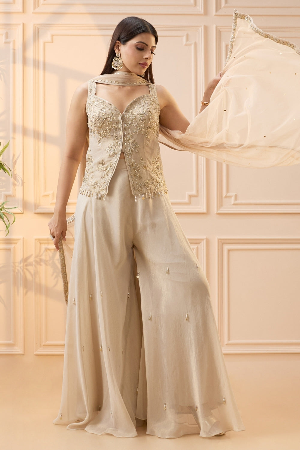 Cream Tissue Palazzo Set with Cutdana and Moti Work