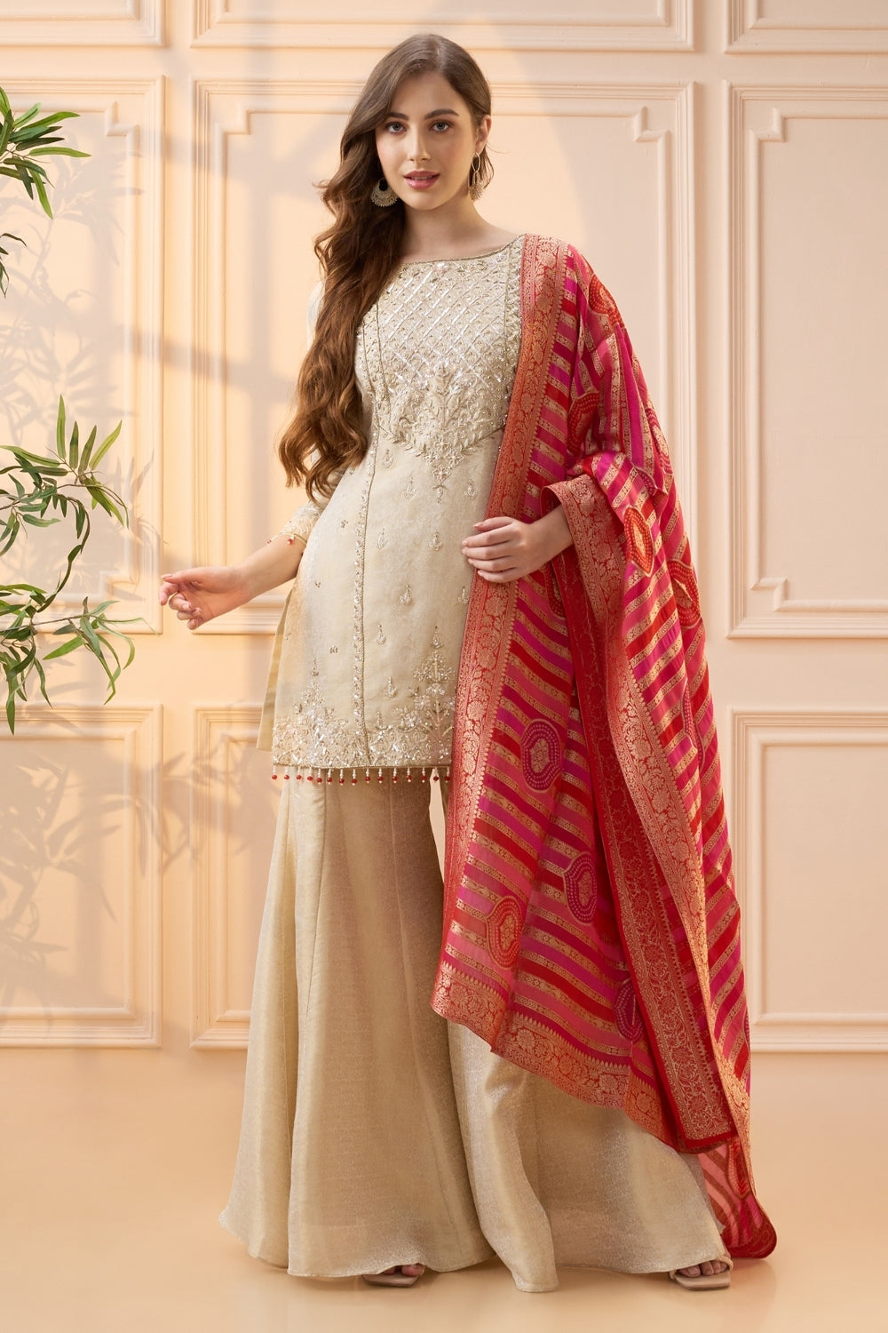 Cream Tissue Palazzo Set with Cutdana and Zardosi Work