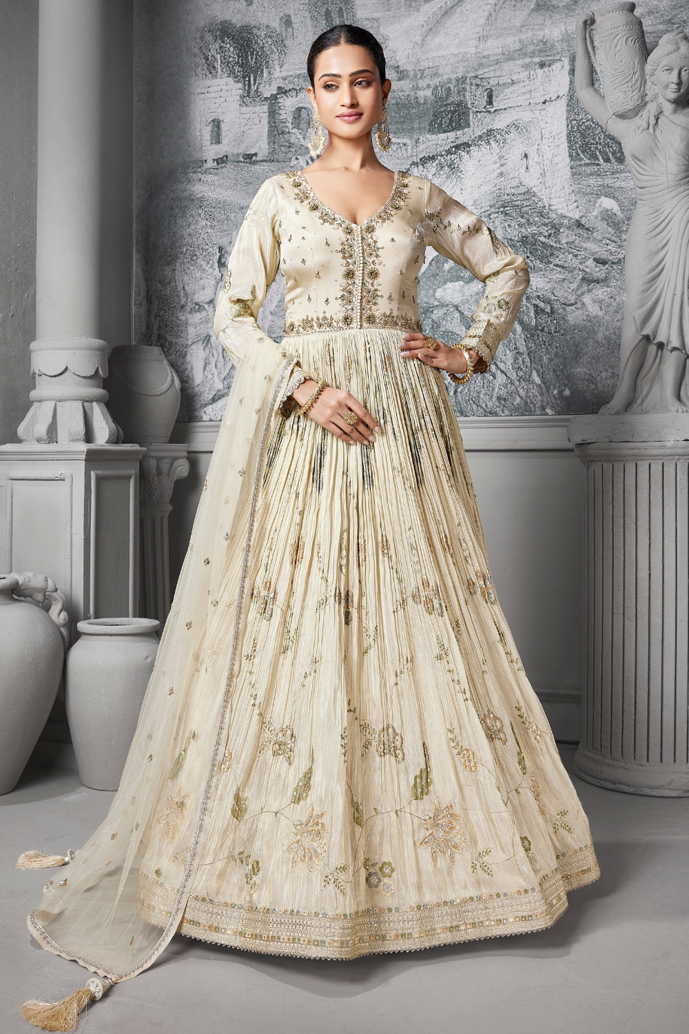 Cream Tissue Palazzo Set with Mirror and Sequins Work