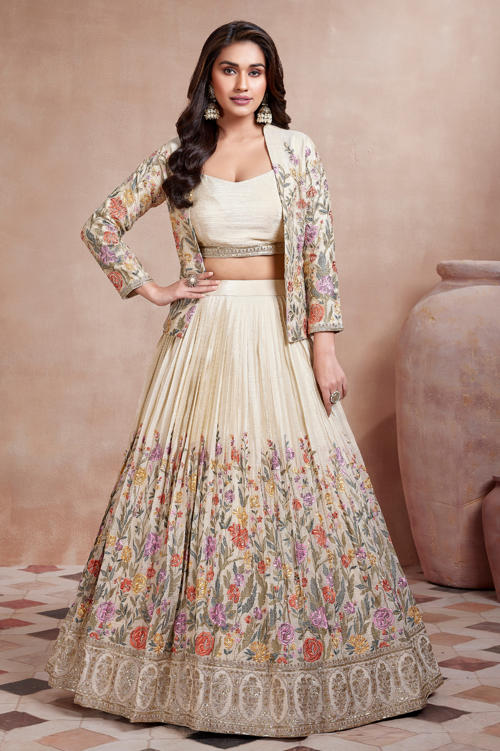 Cream Tissue Resham Embroidered Lehenga With Jacket