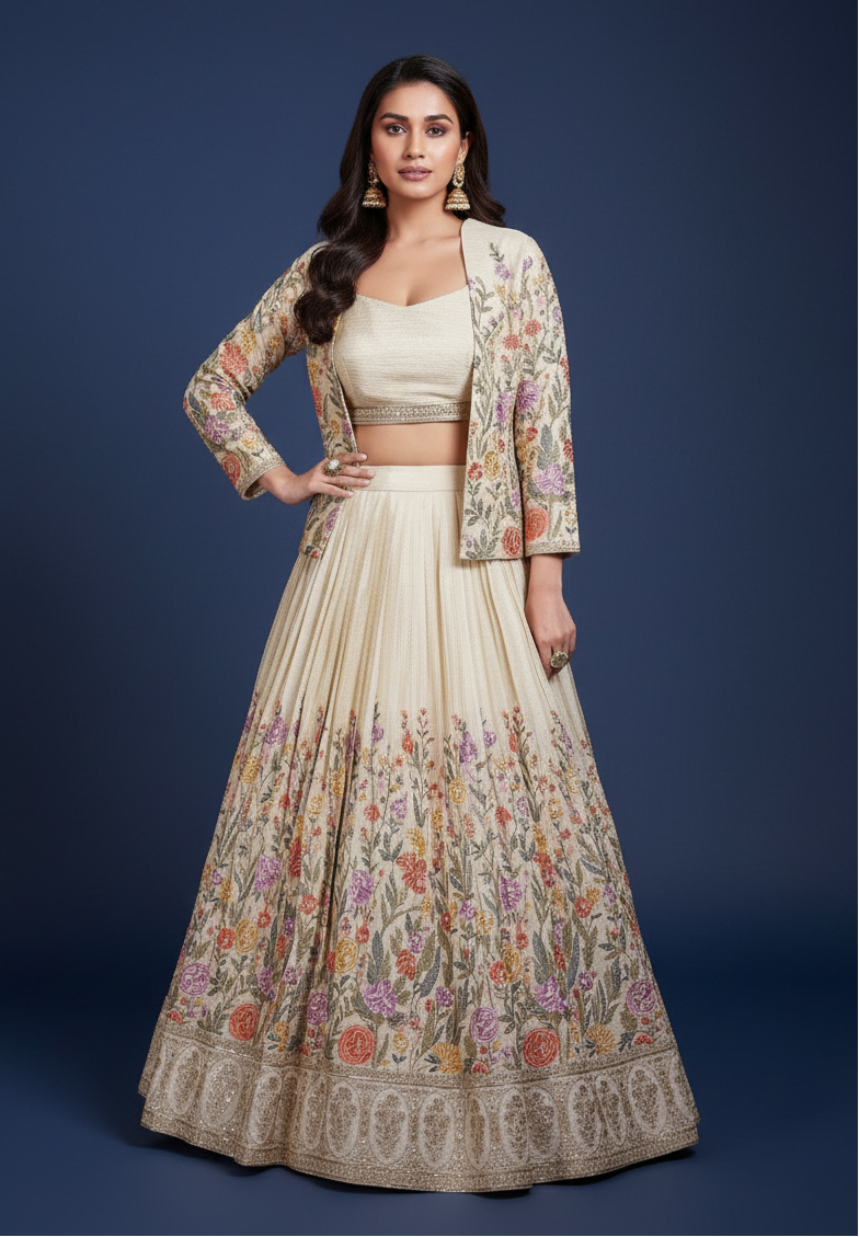 Cream Tissue Resham Embroidered Lehenga With Jacket