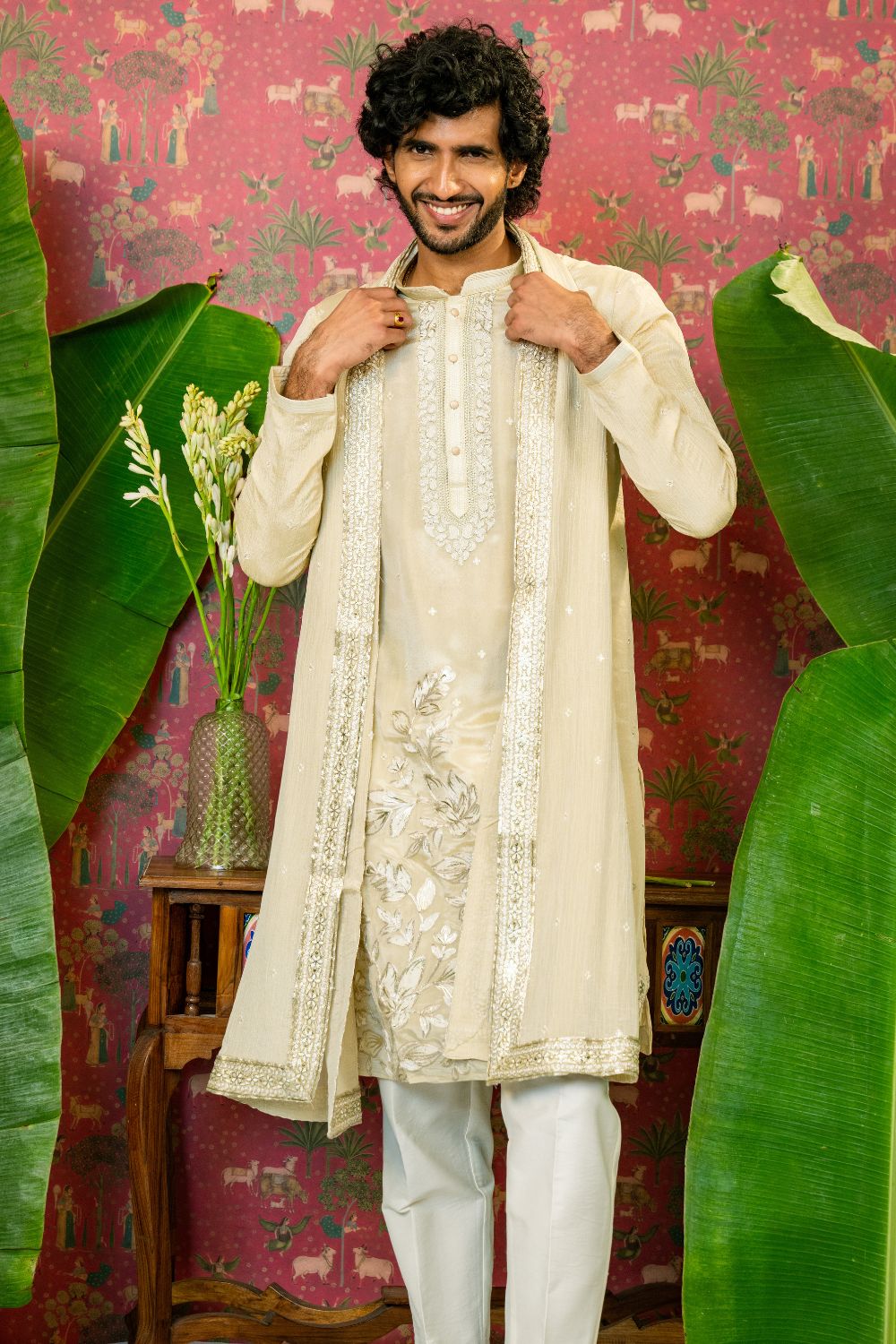 Cream Tissue Silk Kurta Set with Sequins Embroidery Work and Matching Dupatta