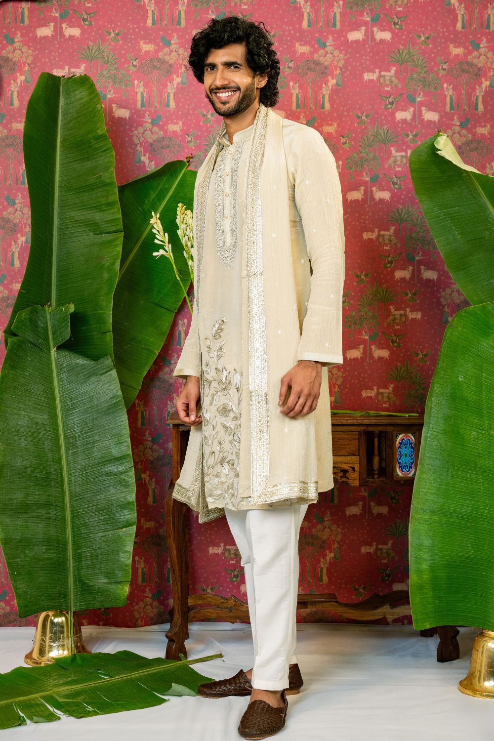 Cream Tissue Silk Kurta Set with Sequins Embroidery Work and Matching Dupatta