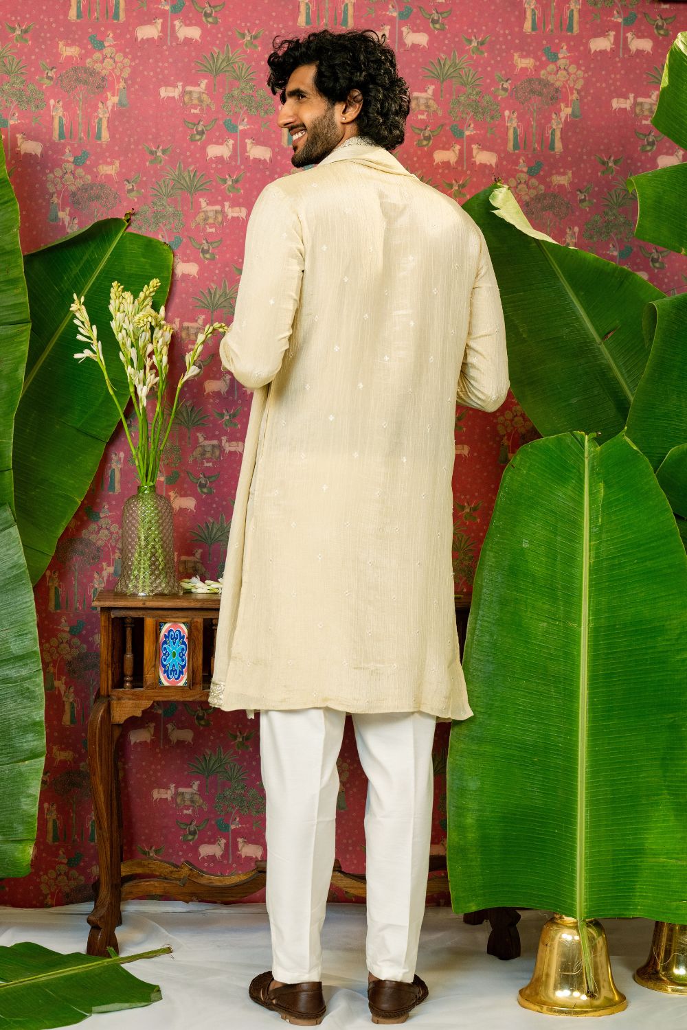 Cream Tissue Silk Kurta Set with Sequins Embroidery Work and Matching Dupatta