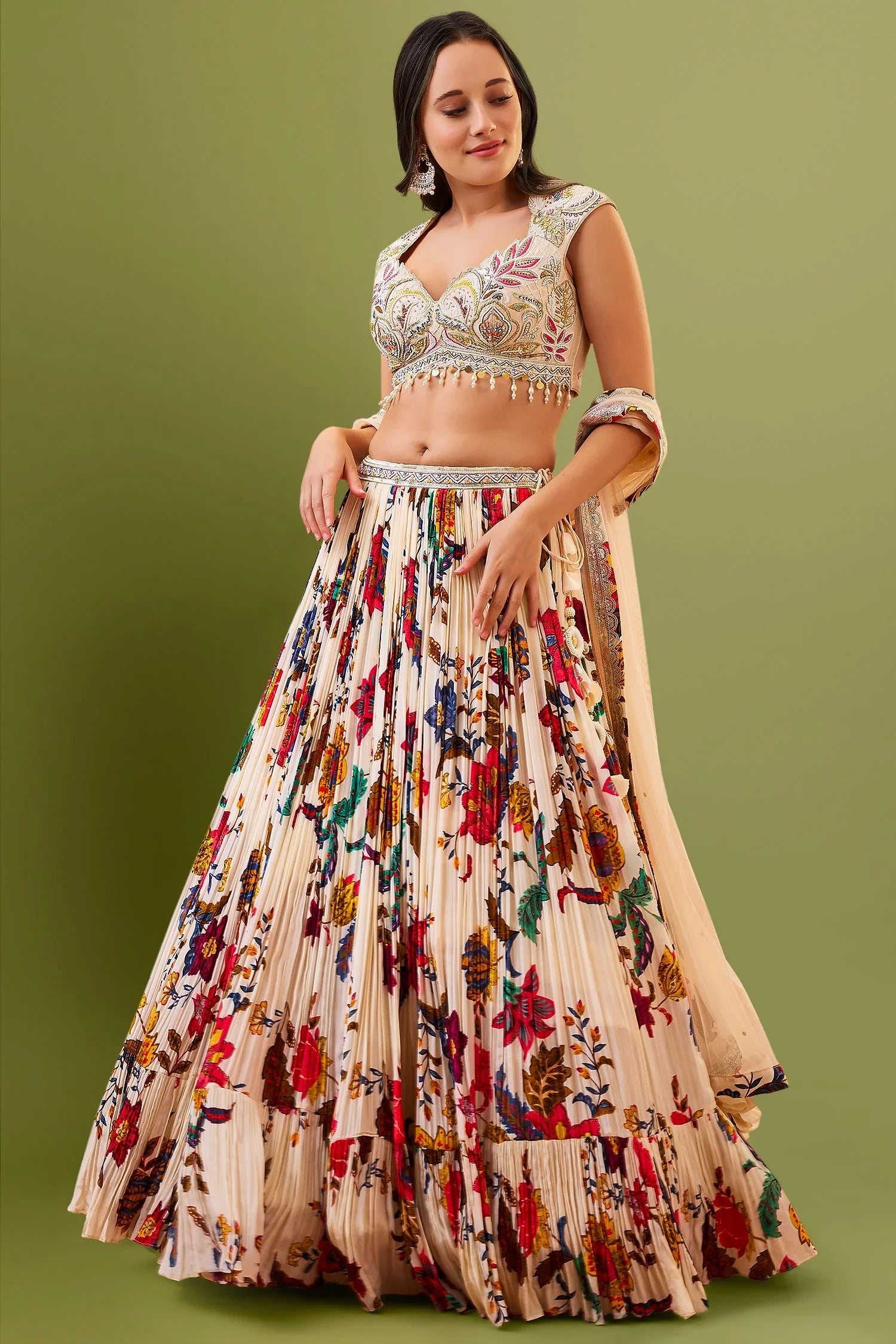 Cream Crepe Silk Floral Printed Pleated Flared Lehenga with Handwork Blouse