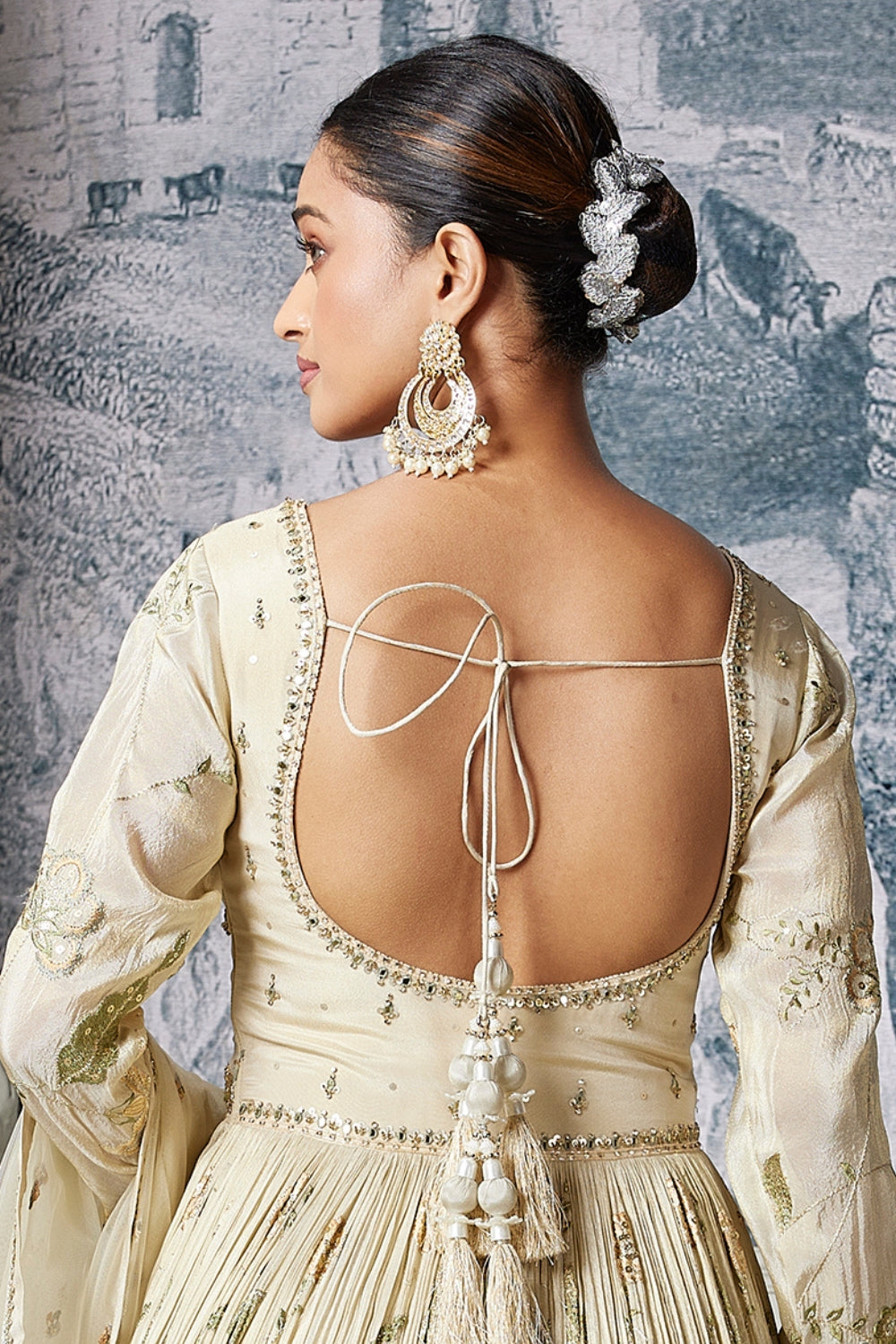 Cream Tissue Anarakli Set with Mirror and Sequins Work