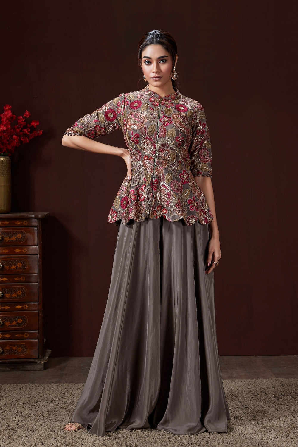 Crepe Silk Palazzo Set with Beads and Zari Work