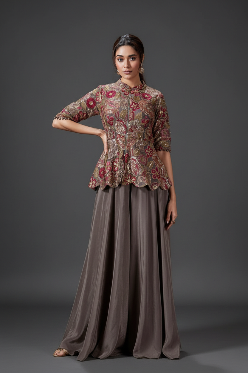 Crepe Silk Palazzo Set with Beads and Zari Work