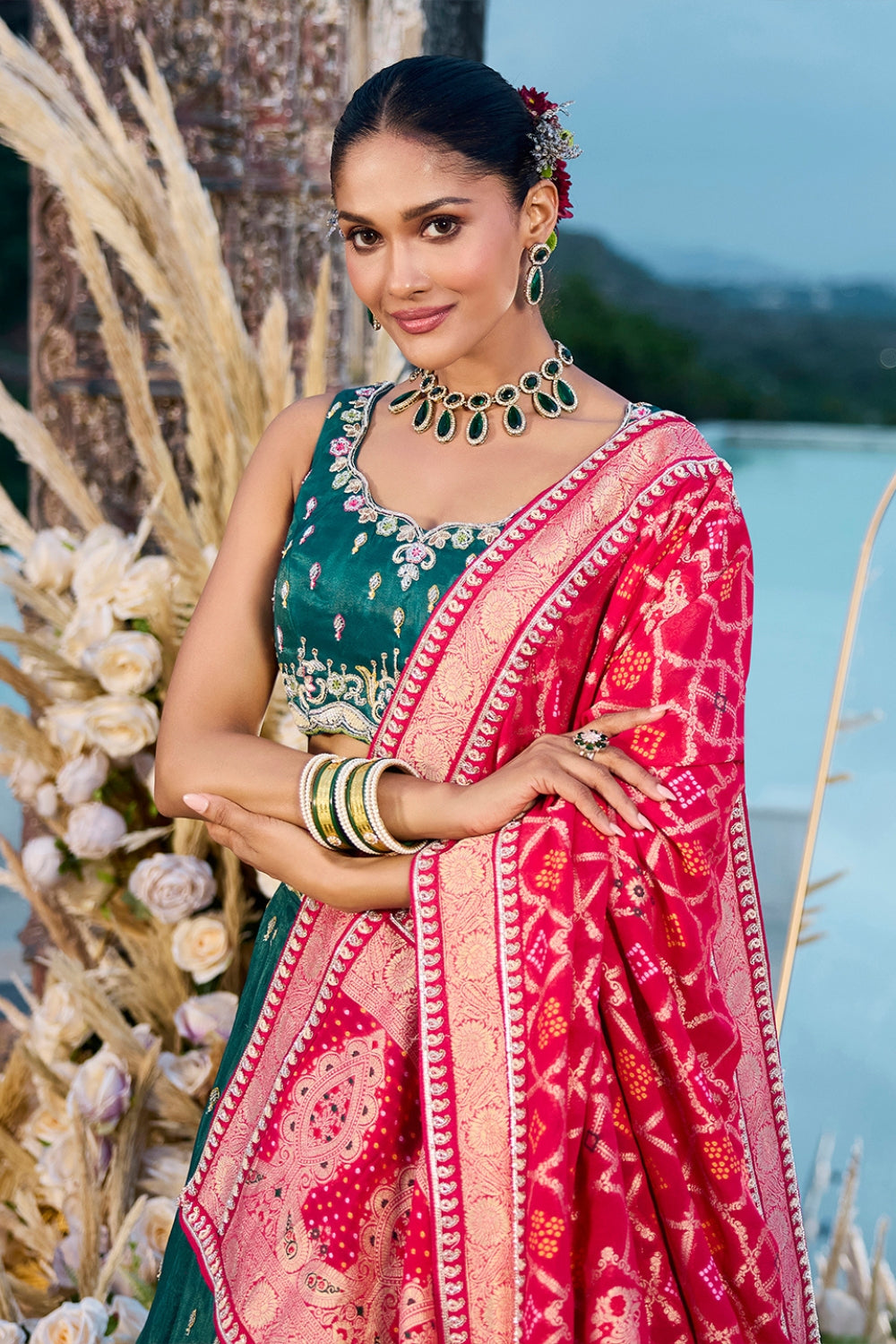 DARK GREEN SILK LEHENGA CHOLI WITH RESHAM EMBROIDERY AND CUTDANA