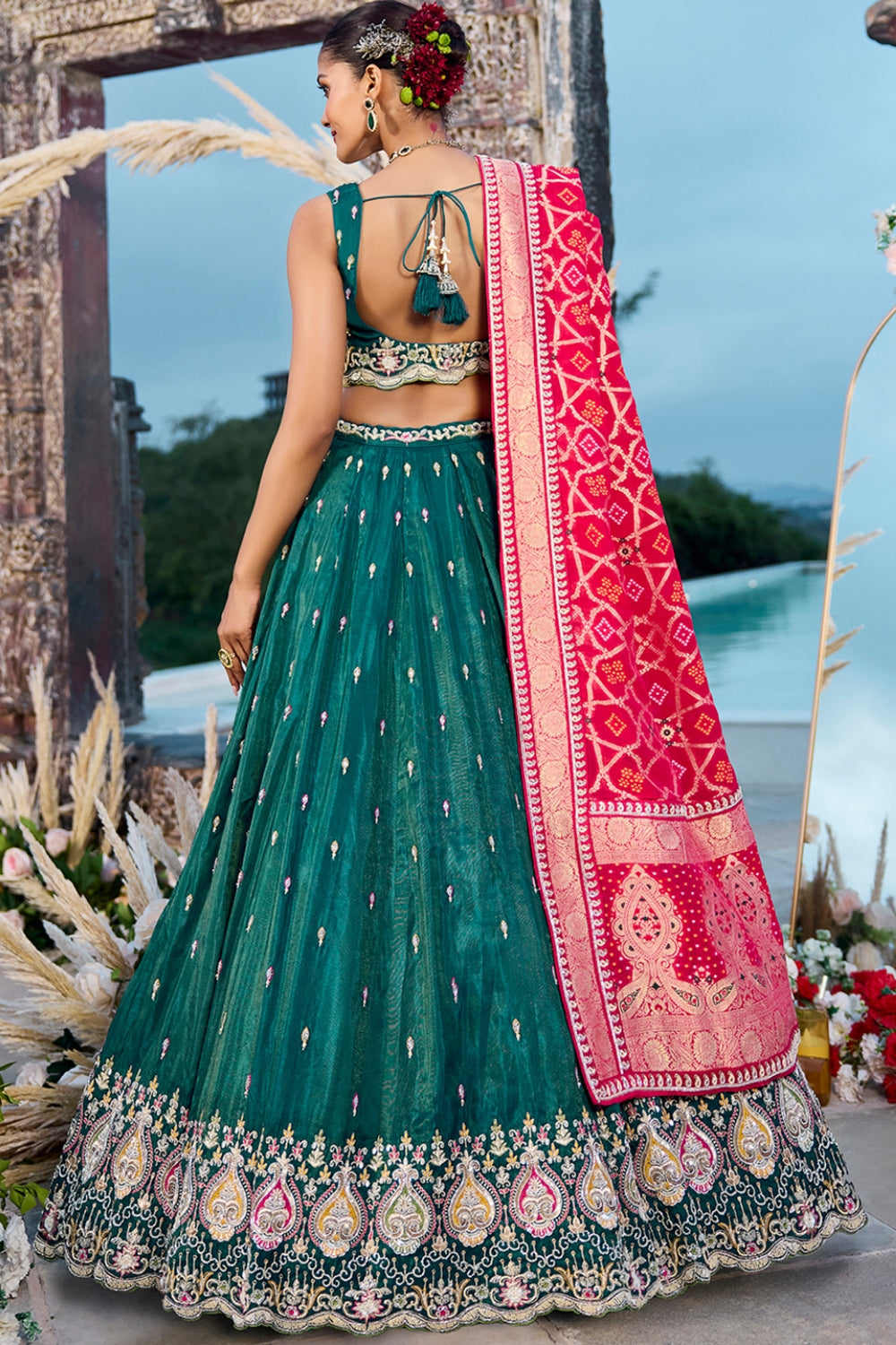 DARK GREEN SILK LEHENGA CHOLI WITH RESHAM EMBROIDERY AND CUTDANA