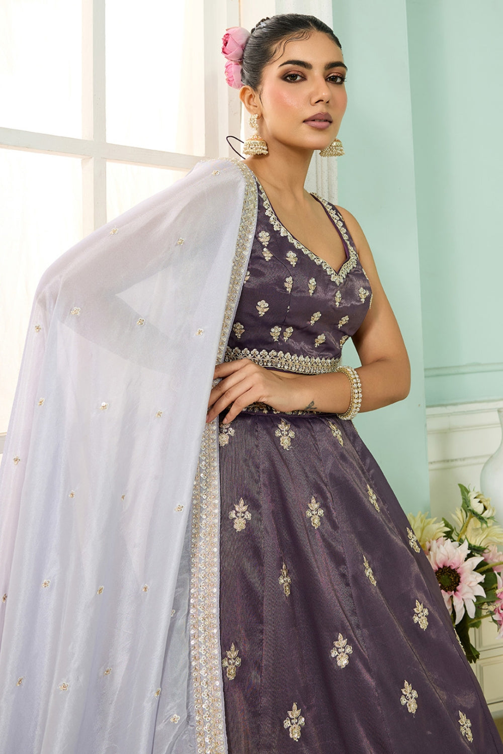 DARK PURPLE TISSUE LEHENGA CHOLI WITH MOTI AND RESHAM EMBROIDERY